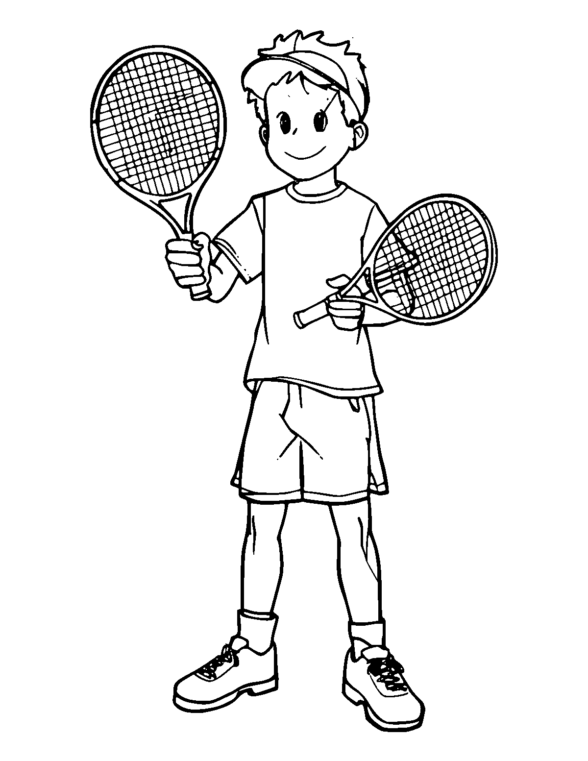 Line-art coloring page of Tennis Player, medium outlines, centered