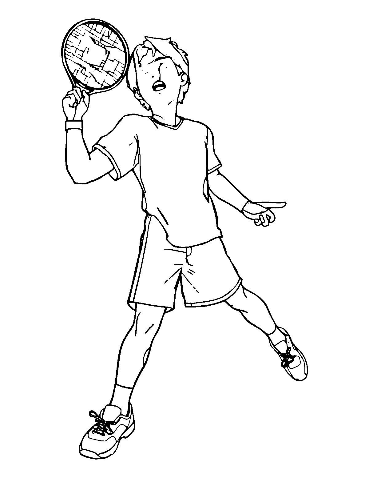 Line-art coloring page of Tennis Player, medium outlines, centered