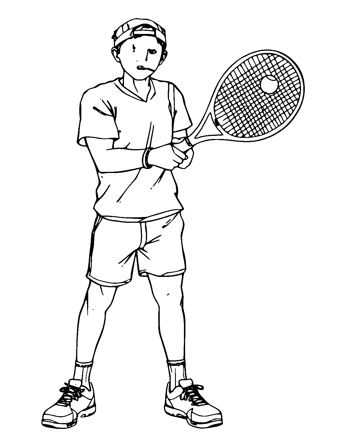 Line-art coloring page of Tennis Player, medium outlines, centered