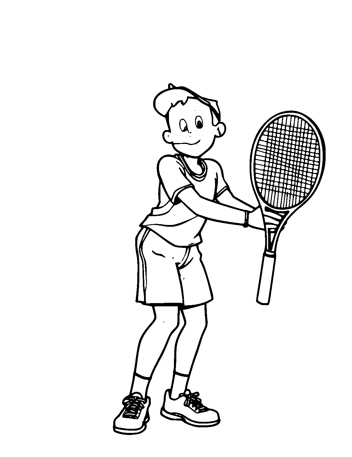 Line-art coloring page of Tennis Player, medium outlines, centered