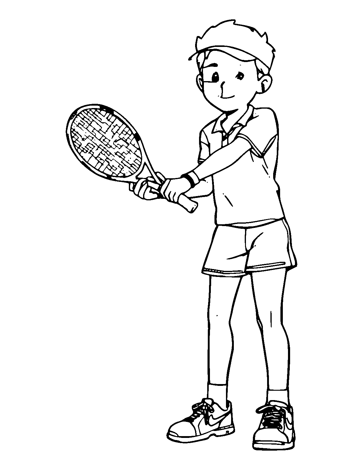 Line-art coloring page of Tennis Player, medium outlines, centered