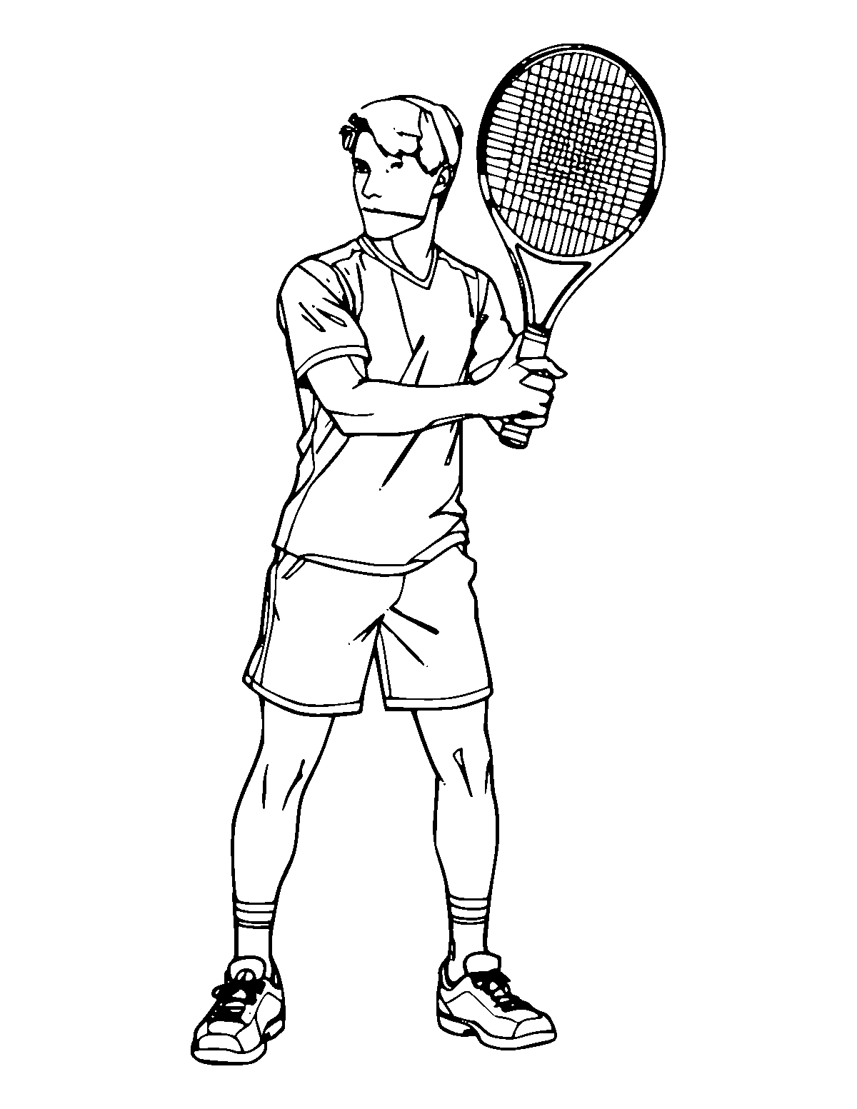 Line-art coloring page of Tennis Player, medium outlines, centered