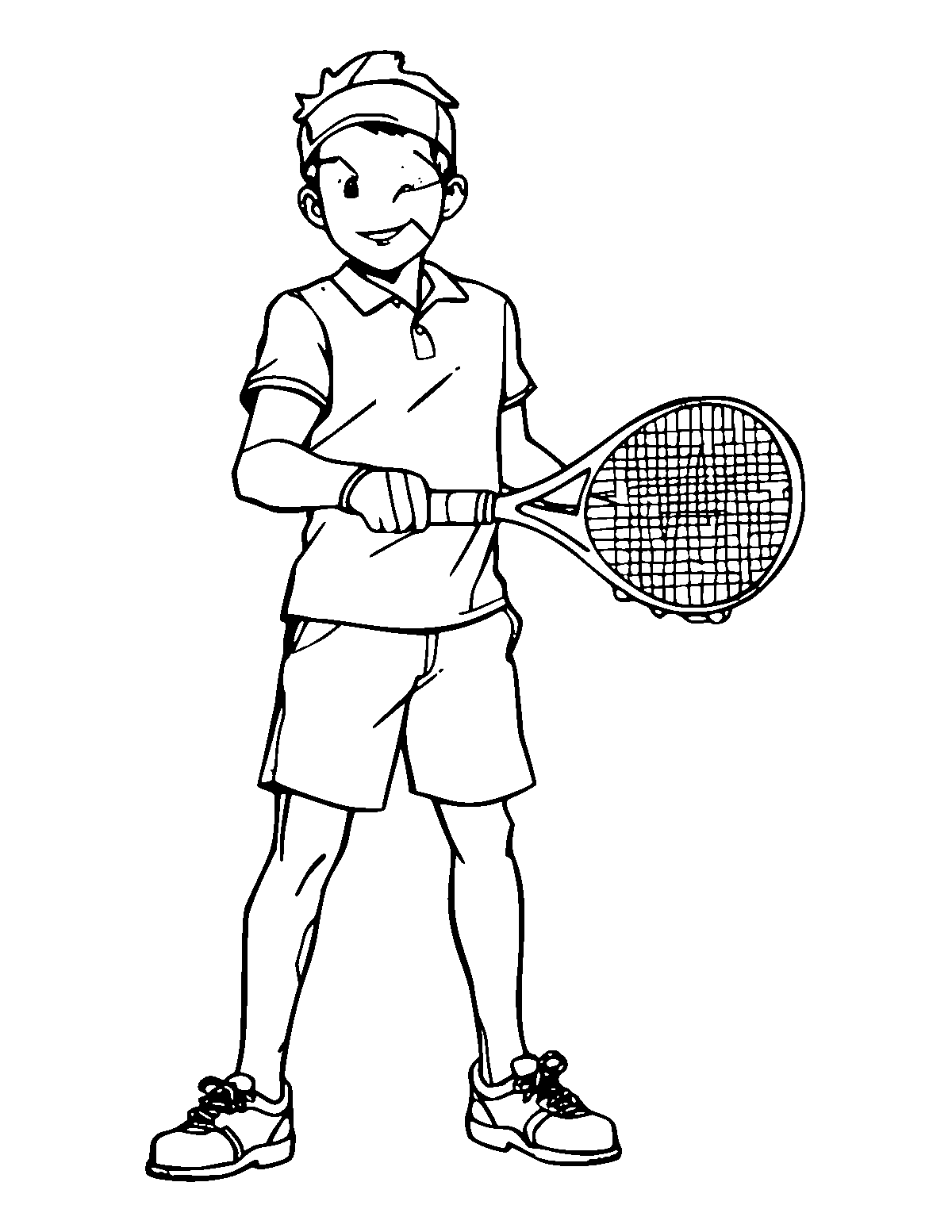 Line-art coloring page of Tennis Player, medium outlines, centered