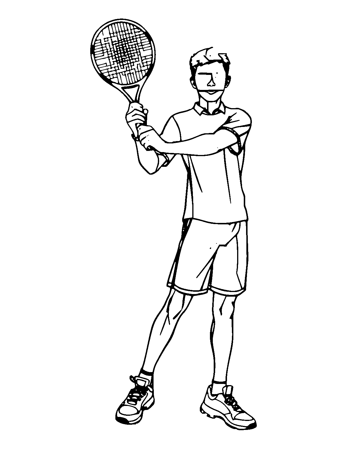 Line-art coloring page of Tennis Player, medium outlines, centered