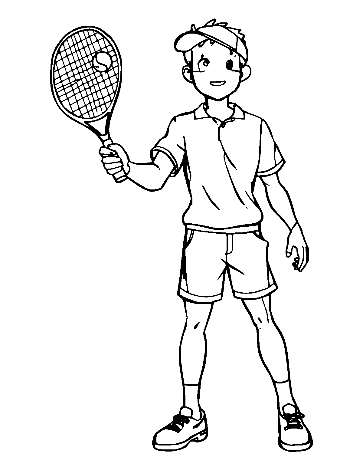 Line-art coloring page of Tennis Player, medium outlines, centered