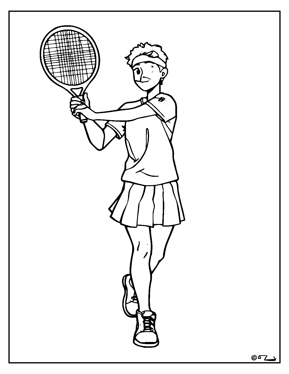 Line-art coloring page of Tennis Player, medium outlines, centered