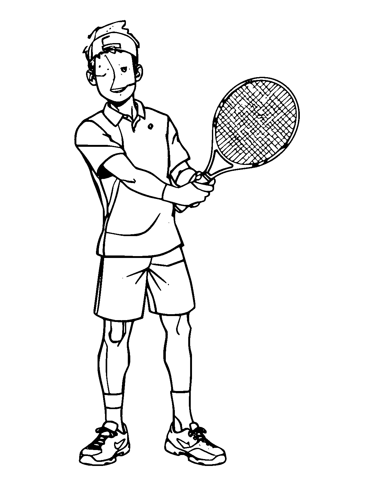Line-art coloring page of Tennis Player, medium outlines, centered