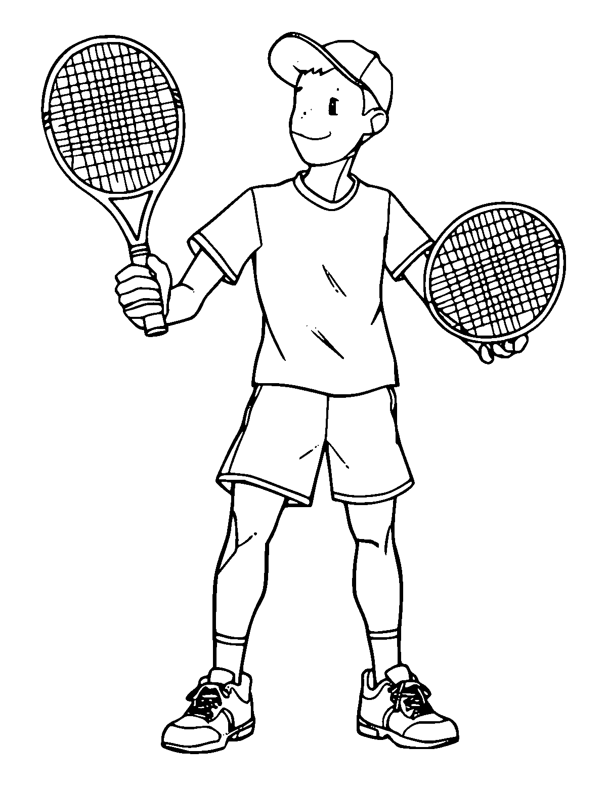 Line-art coloring page of Tennis Player, medium outlines, centered
