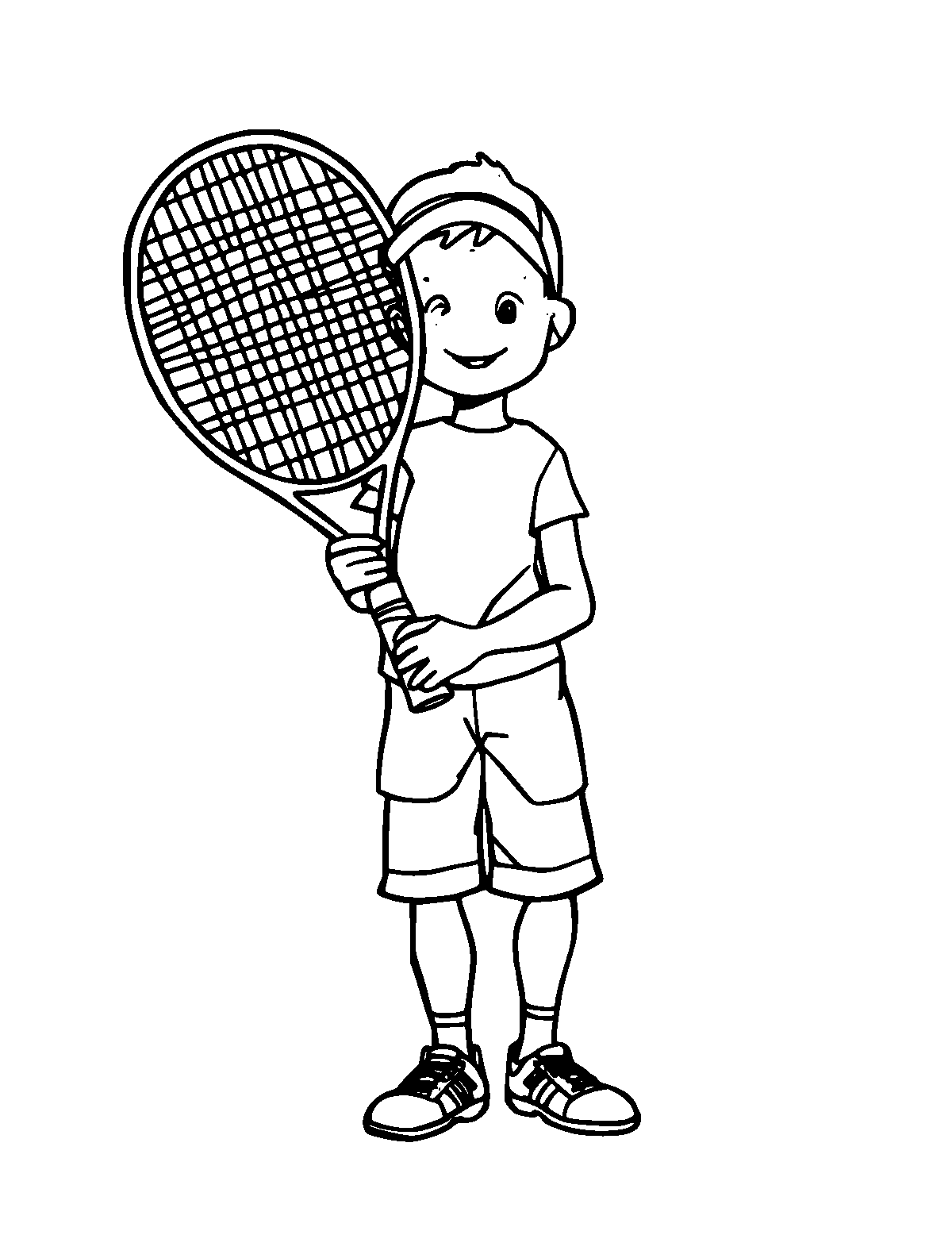Line-art coloring page of Tennis Racket, medium outlines, centered