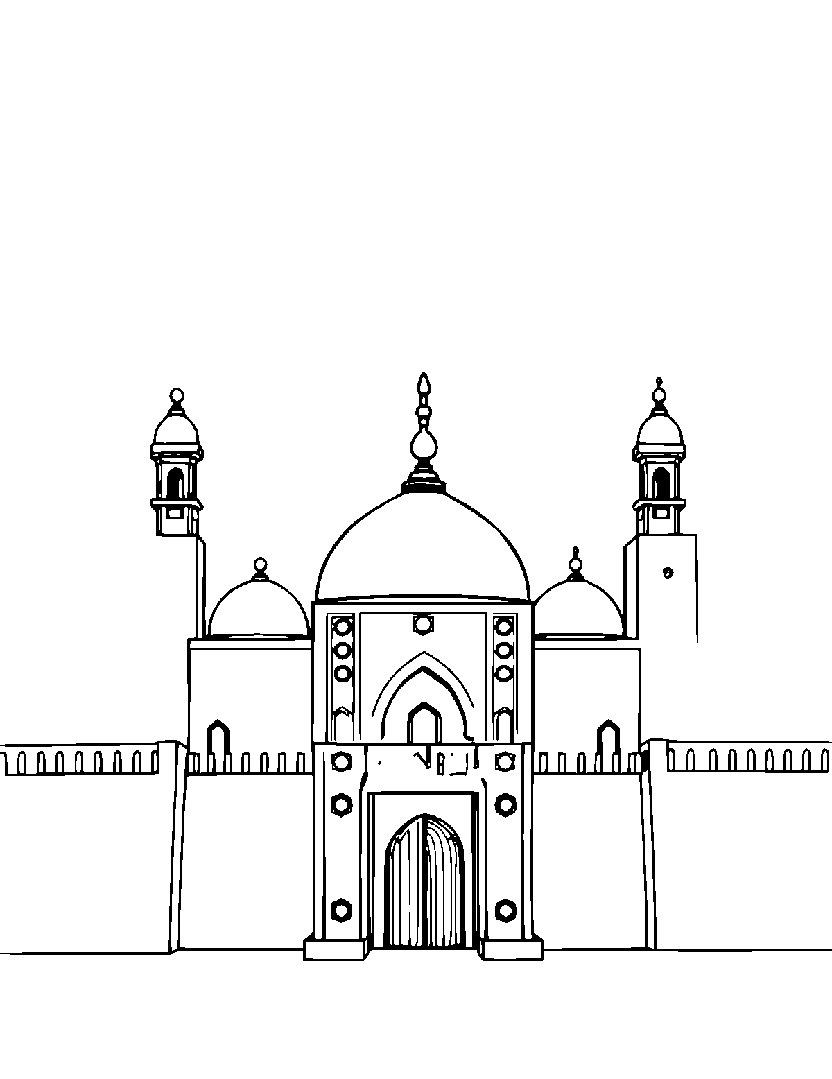 Line-art coloring page of Timbuktu Djinguereber Mosque, medium outlines, centered