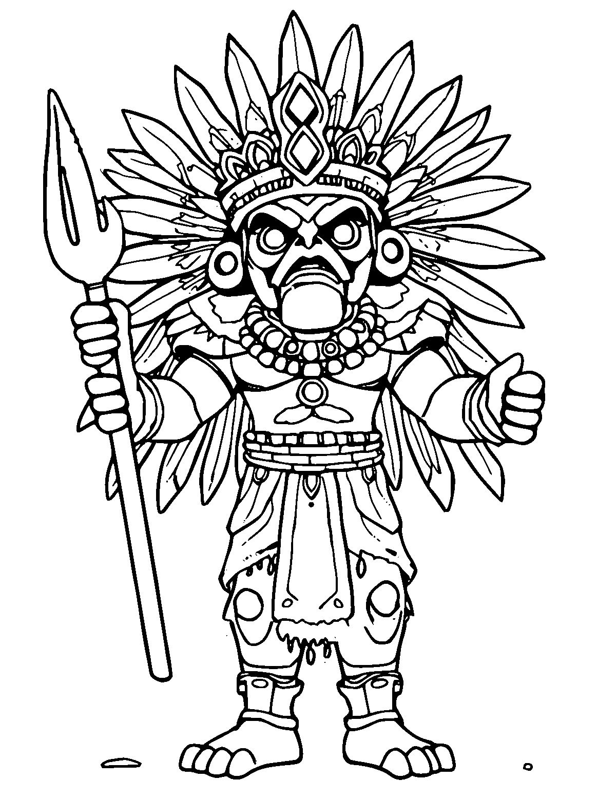 Line-art coloring page of Tlaloc the Rain God, medium outlines, centered