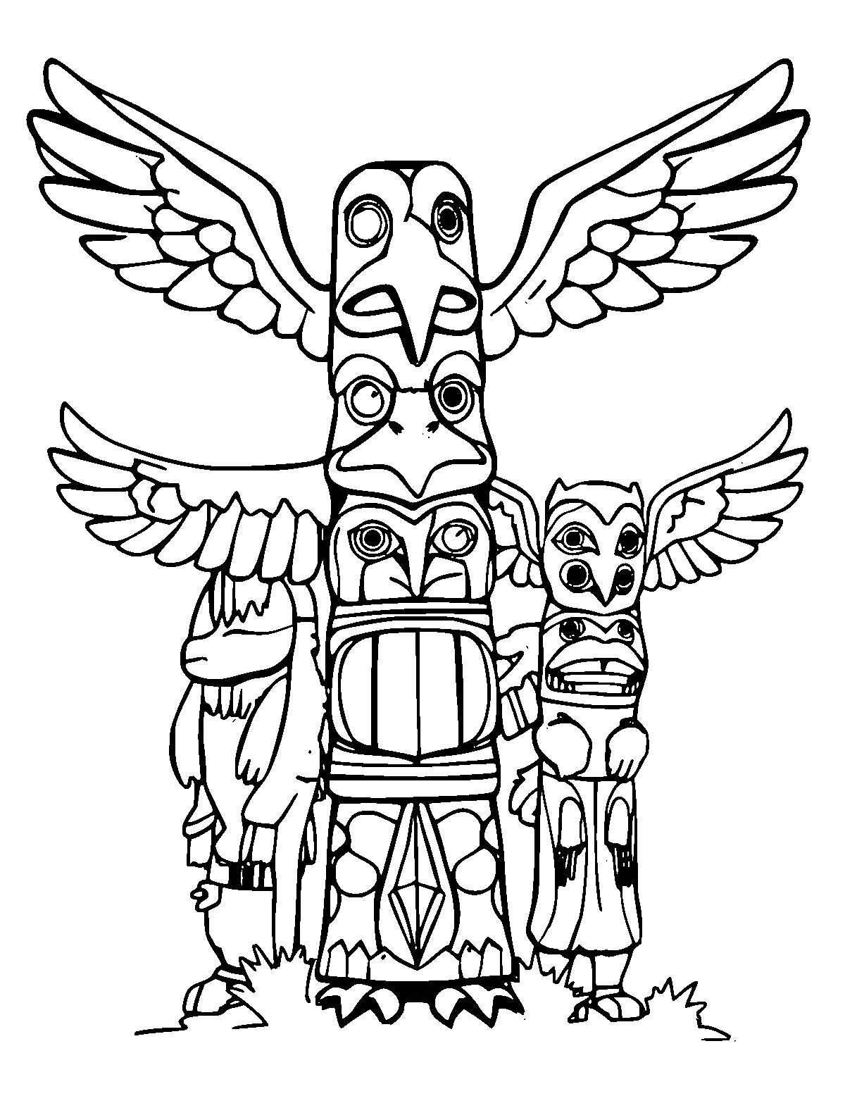 Line-art coloring page of Totem Pole Spirit Animals, medium outlines, centered