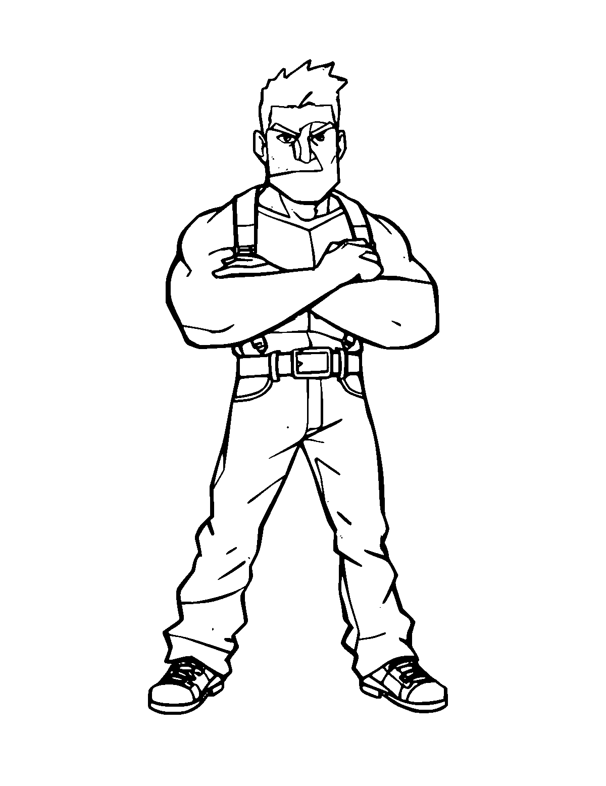 Line-art coloring page of Tough Guy Character, medium outlines, centered