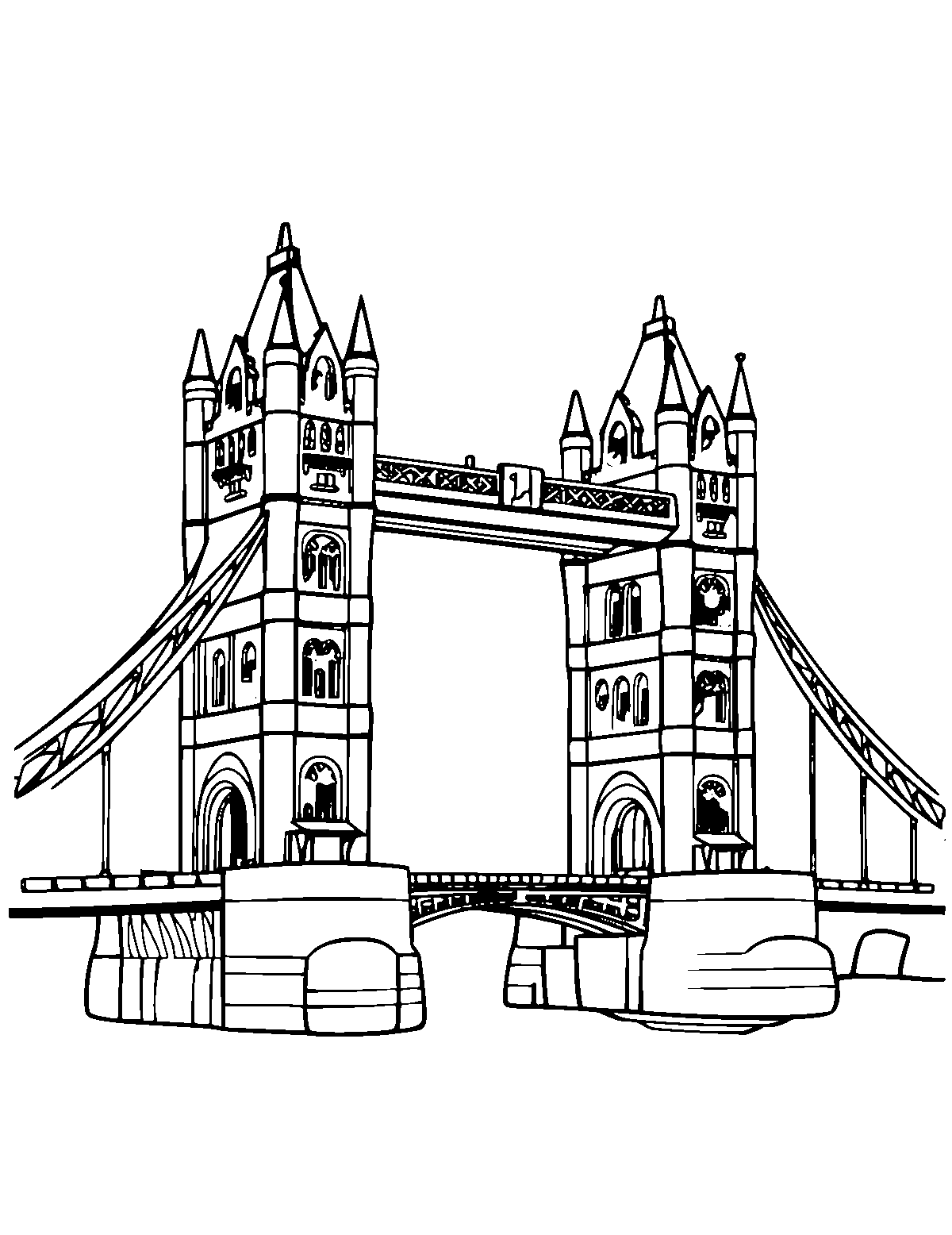 Line-art coloring page of Tower Bridge of London, medium outlines, centered