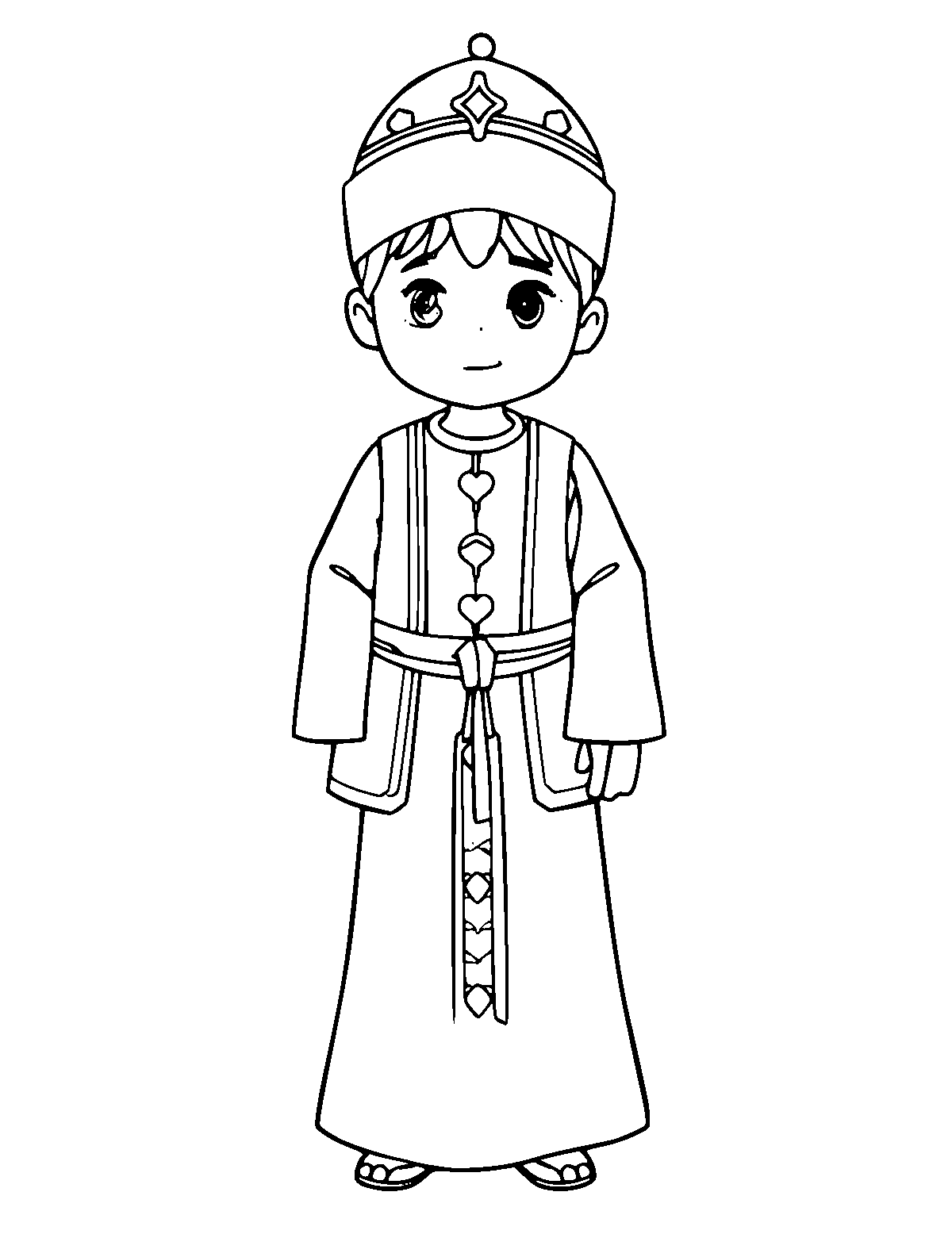 Line-art coloring page of Turkish Ottoman Costume, medium outlines, centered