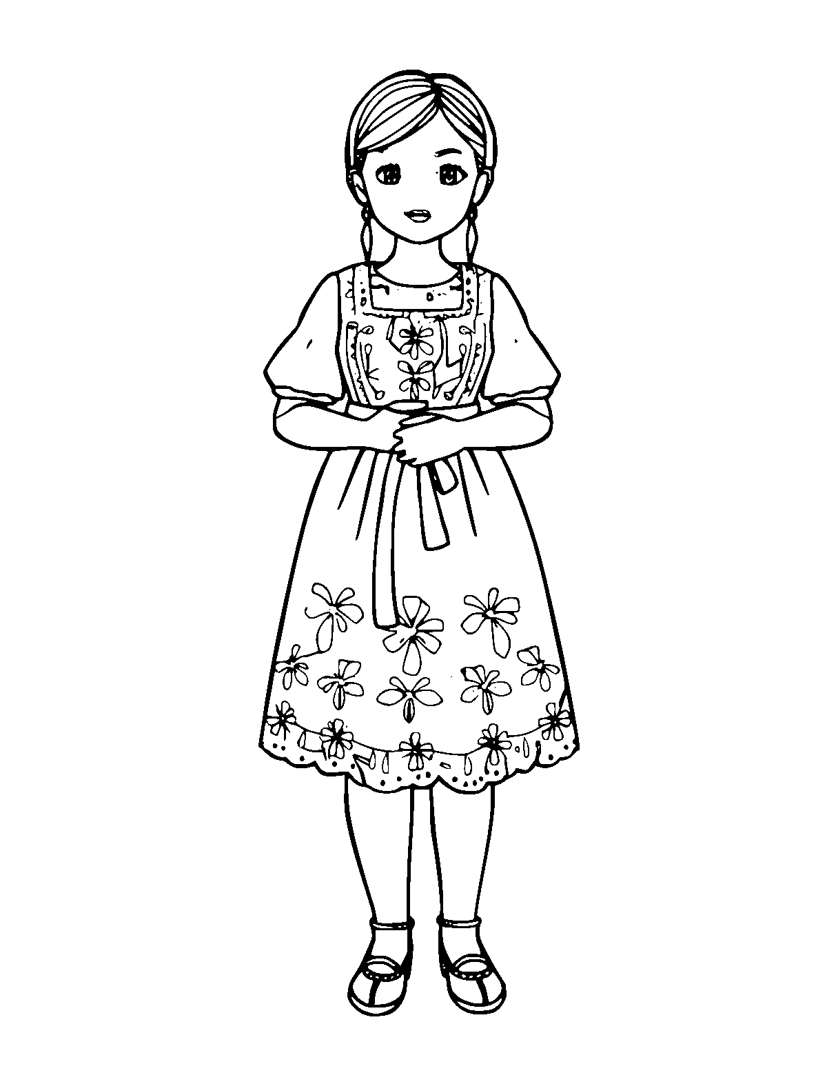 Line-art coloring page of Ukrainian Vyshyvanka, medium outlines, centered