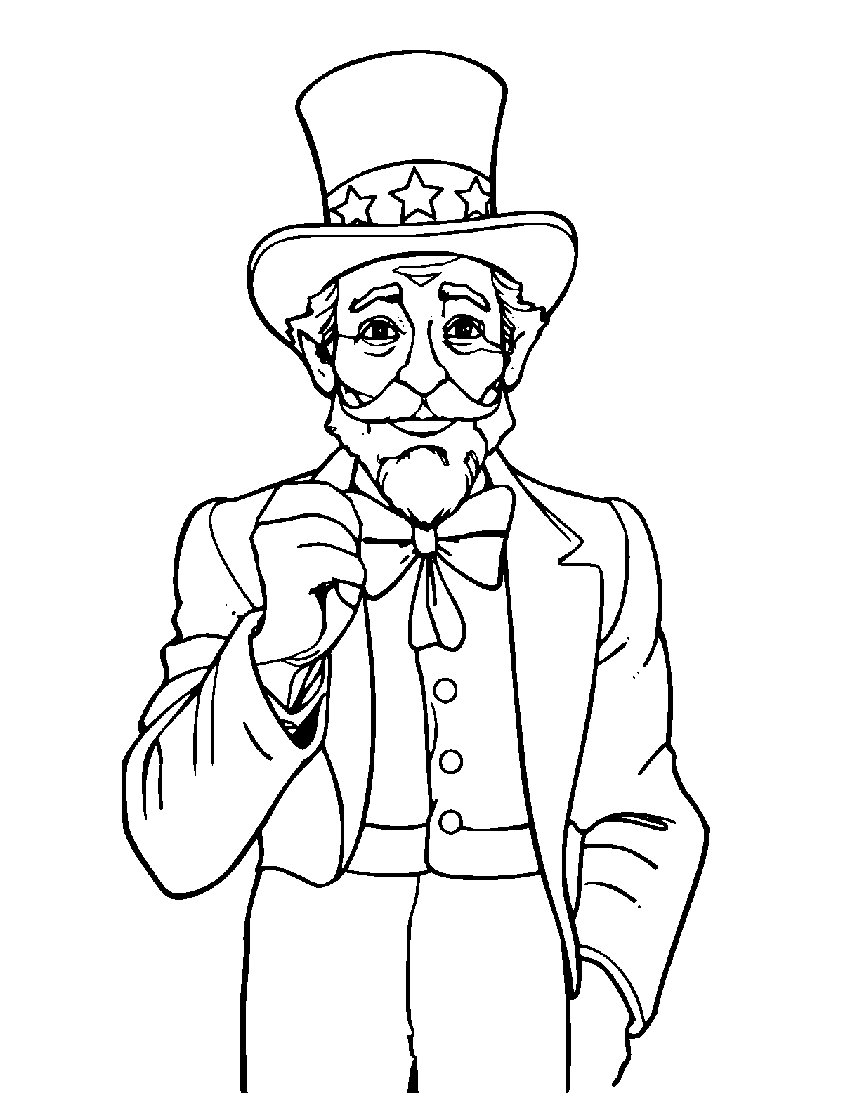 Line-art coloring page of Uncle Sam, medium outlines, centered