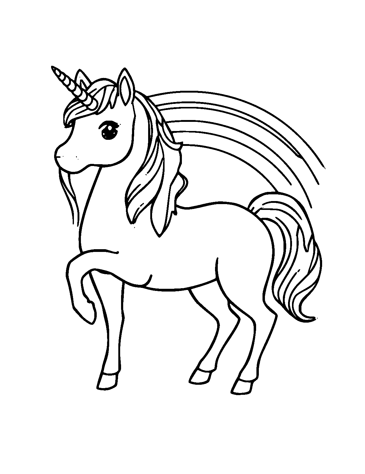 Line-art coloring page of Unicorn Rainbow, medium outlines, centered