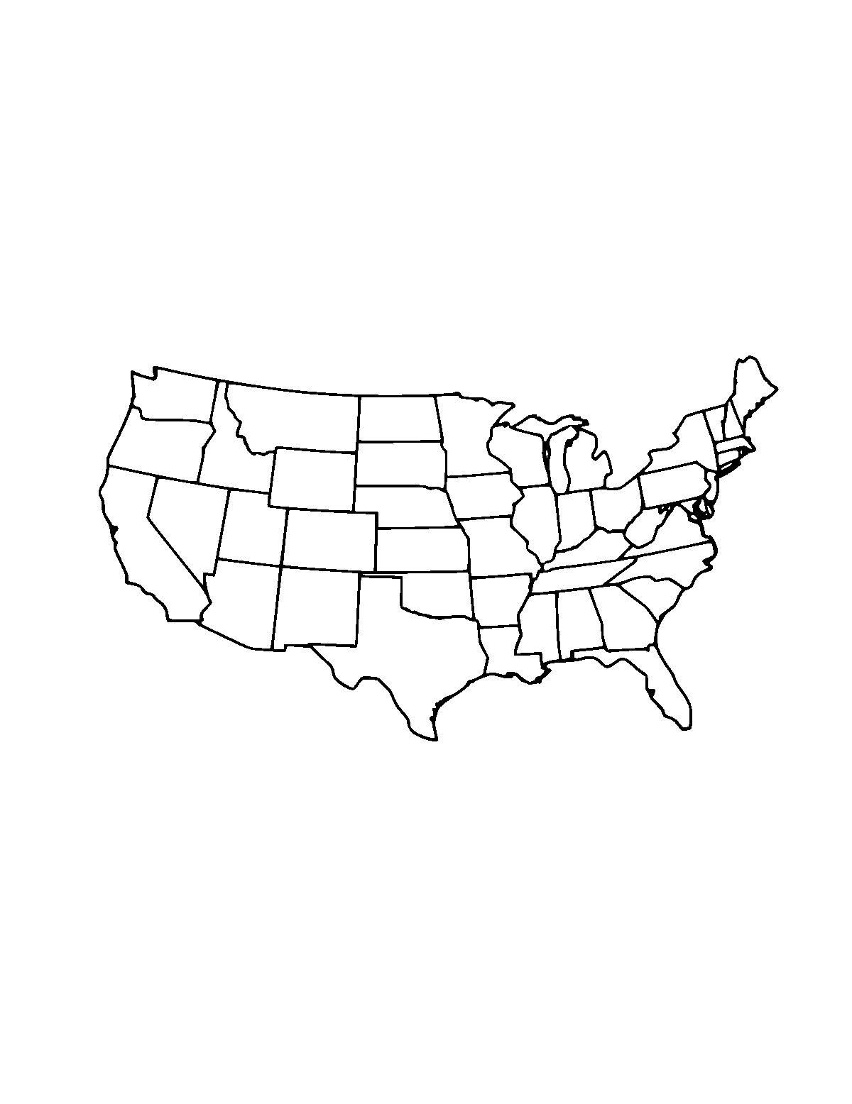 Line-art coloring page of USA Map, medium outlines, centered