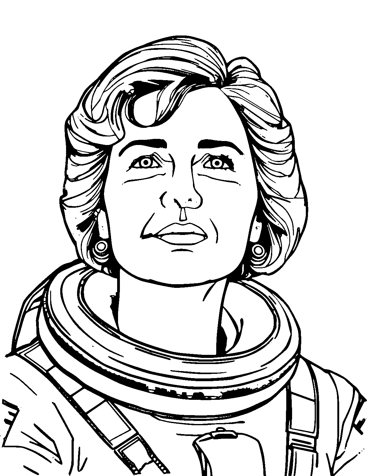 Line-art coloring page of Valentina Tereshkova, medium outlines, centered