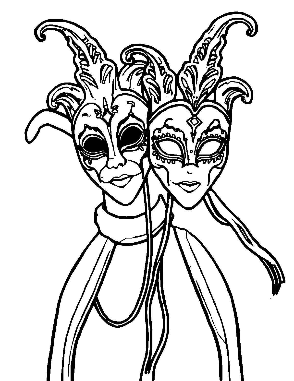 Line-art coloring page of Venice Carnival Masks, medium outlines, centered