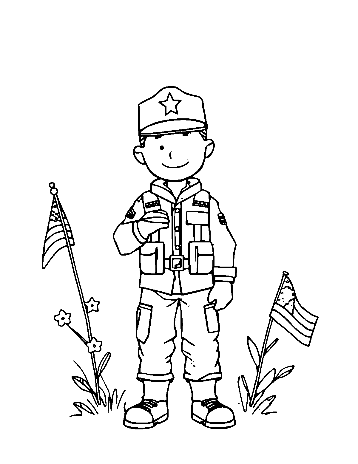 Line-art coloring page of Veterans Day, medium outlines, centered