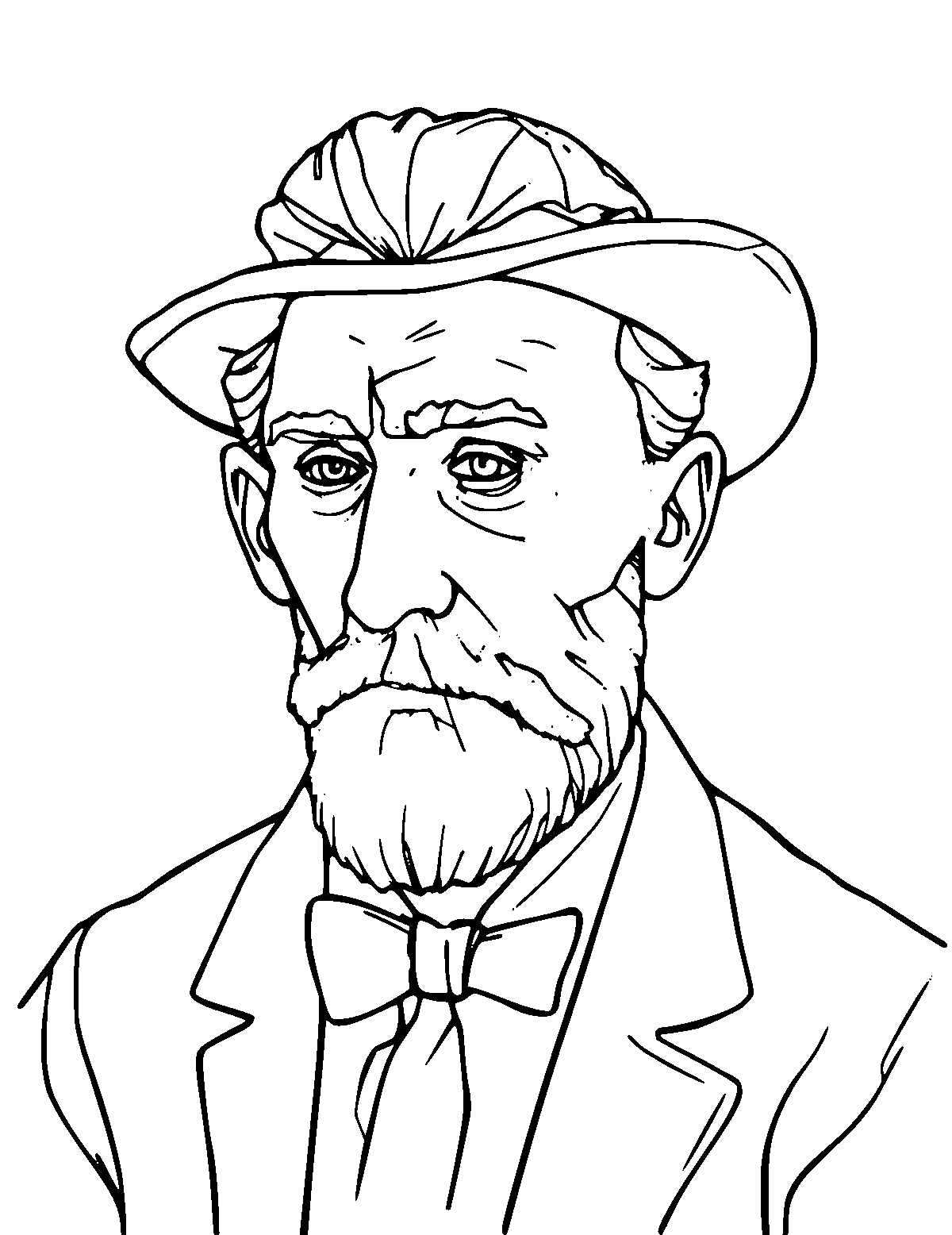 Line-art coloring page of Vincent Van Gogh, medium outlines, centered