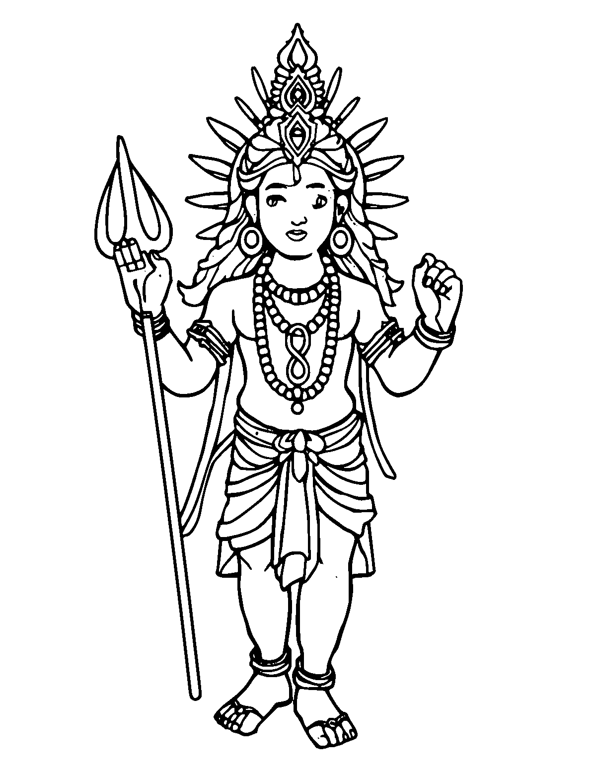 Line-art coloring page of Vishnu, medium outlines, centered
