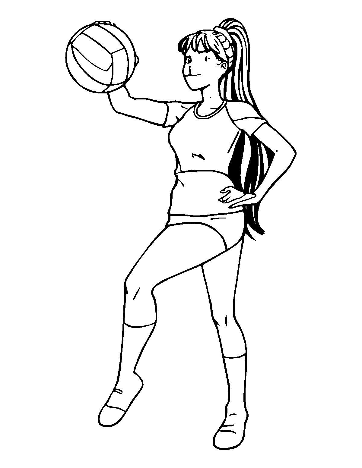 Line-art coloring page of Volleyball Player, medium outlines, centered