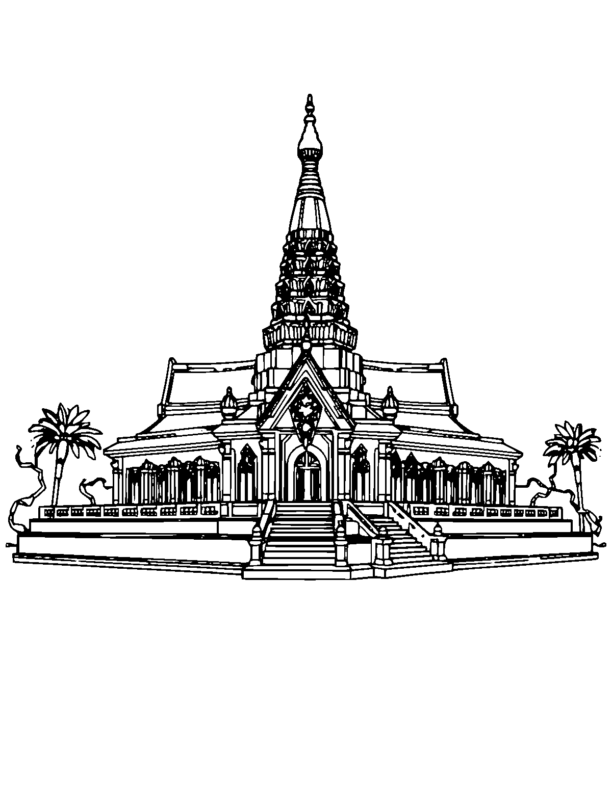 Line-art coloring page of Wat Arun Temple, medium outlines, centered