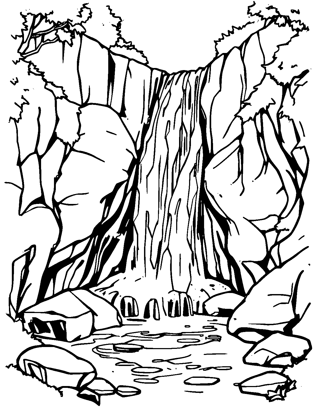 Line-art coloring page of Waterfall, medium outlines, centered