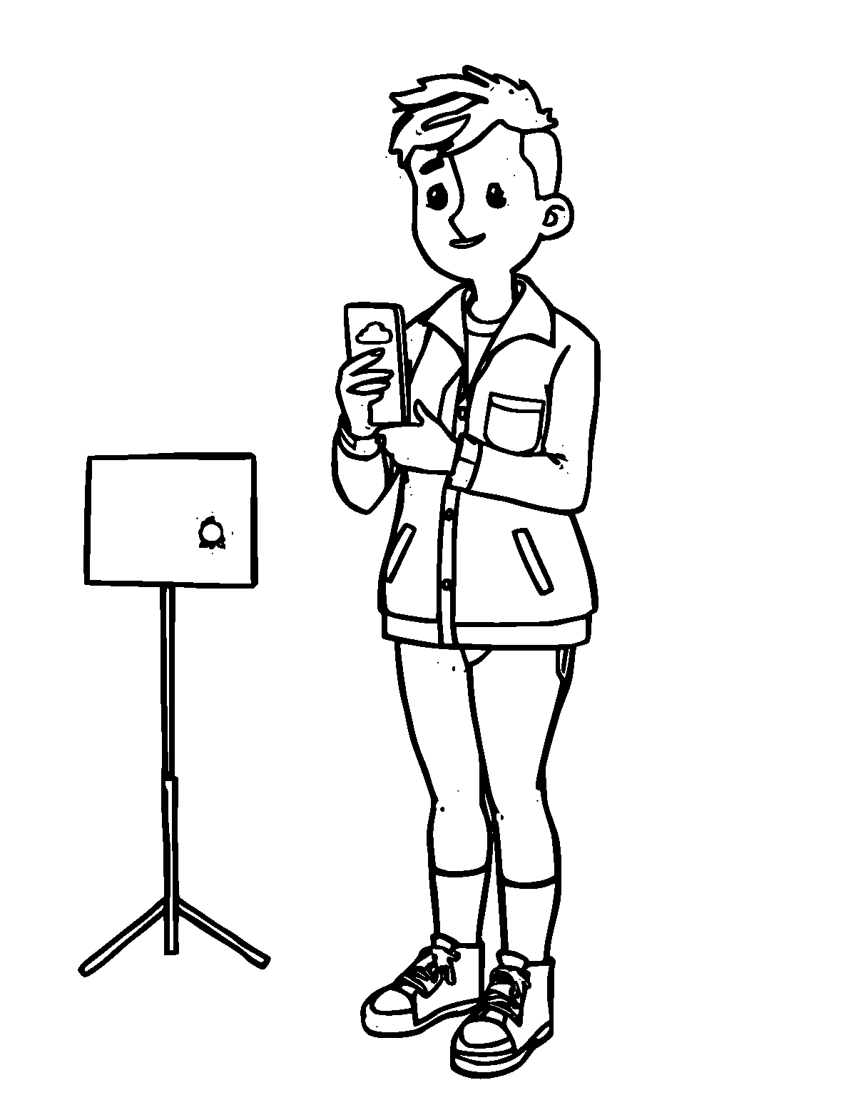 Line-art coloring page of Weather Reporter, medium outlines, centered