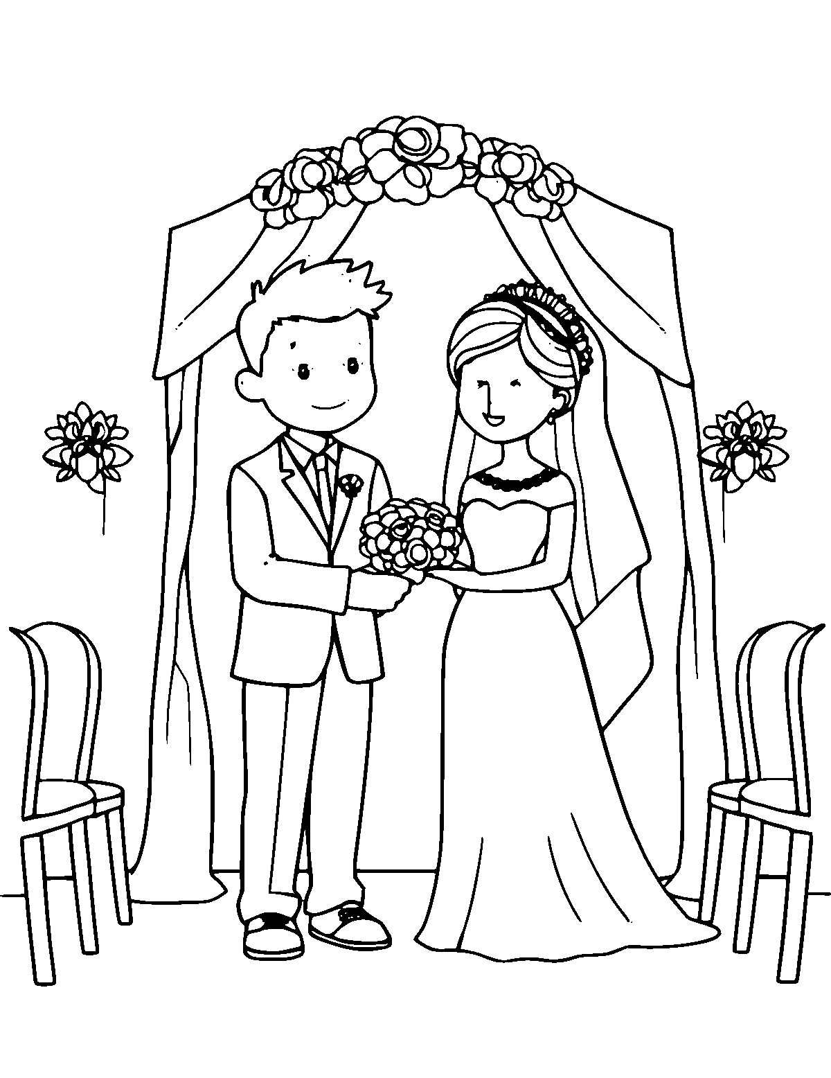 Line-art coloring page of Wedding Ceremony, medium outlines, centered