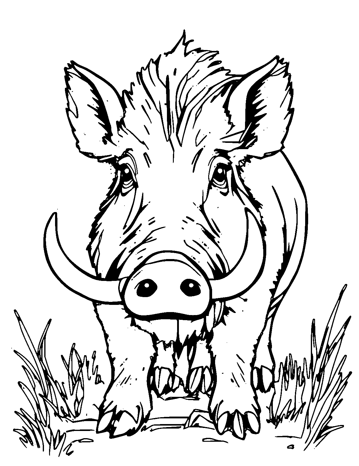 Line-art coloring page of Wild Boar, medium outlines, centered