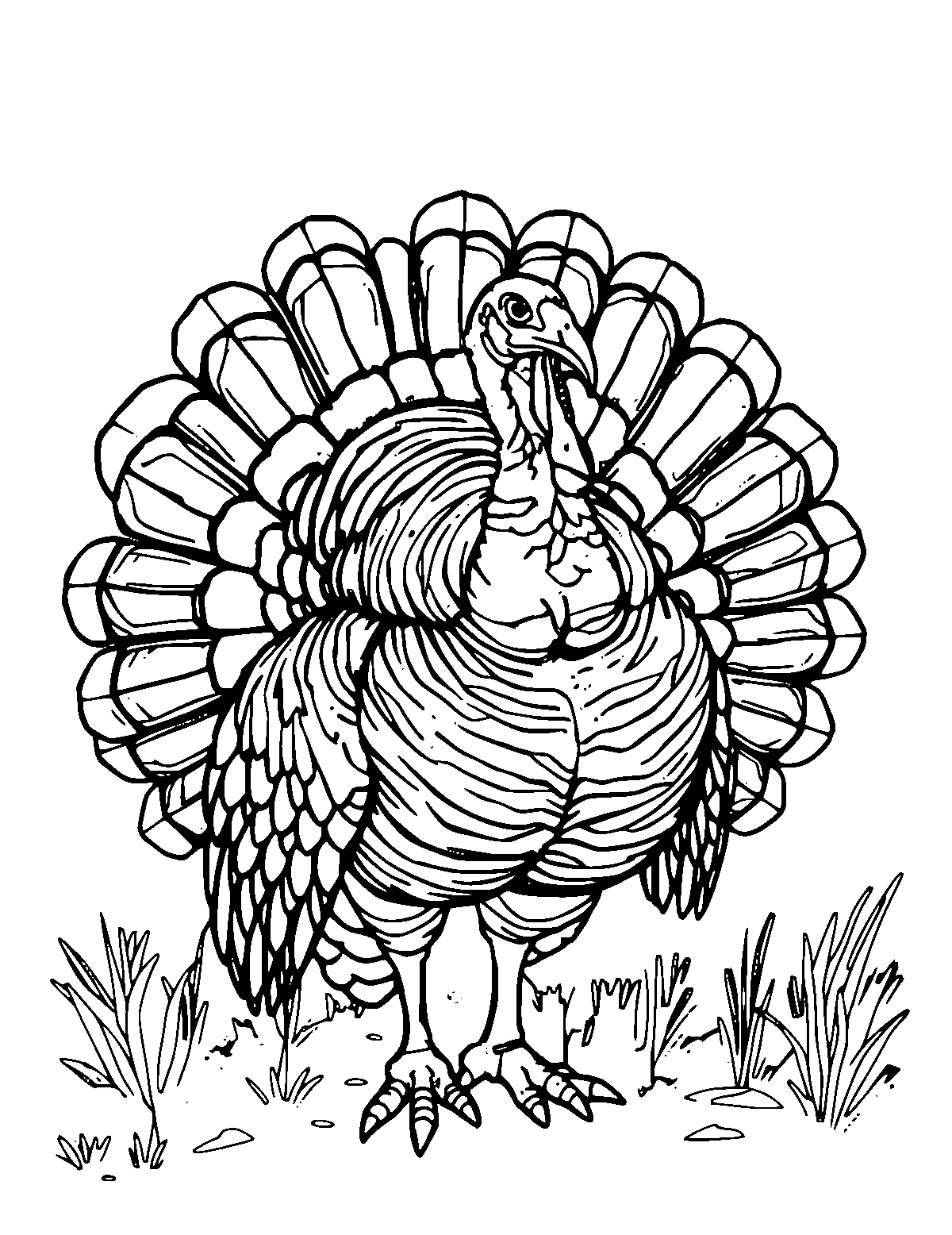 Line-art coloring page of Wild Turkey, medium outlines, centered