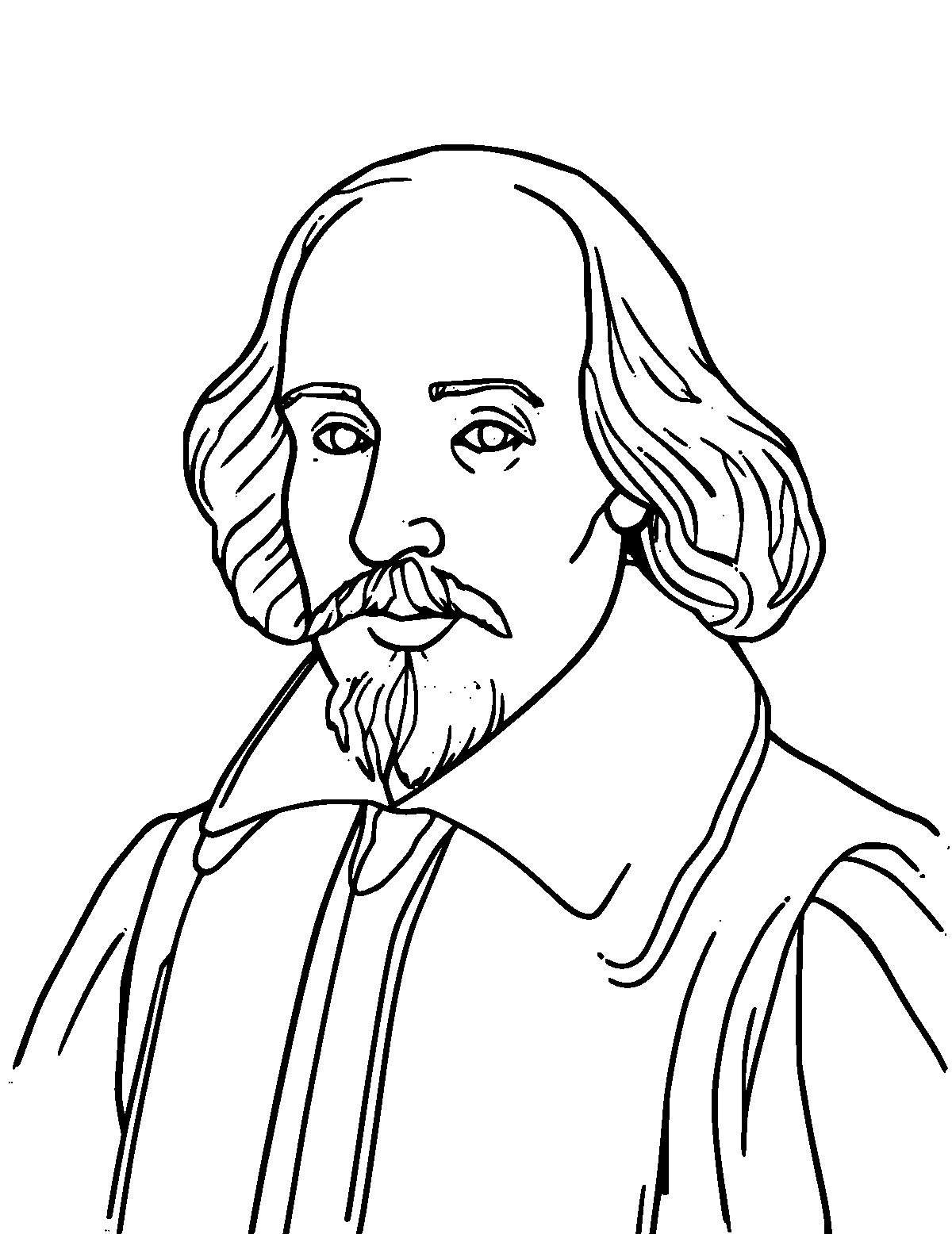 Line-art coloring page of William Shakespeare, medium outlines, centered