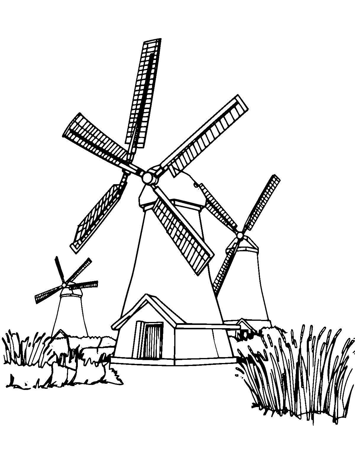 Line-art coloring page of Windmills of Kinderdijk, medium outlines, centered