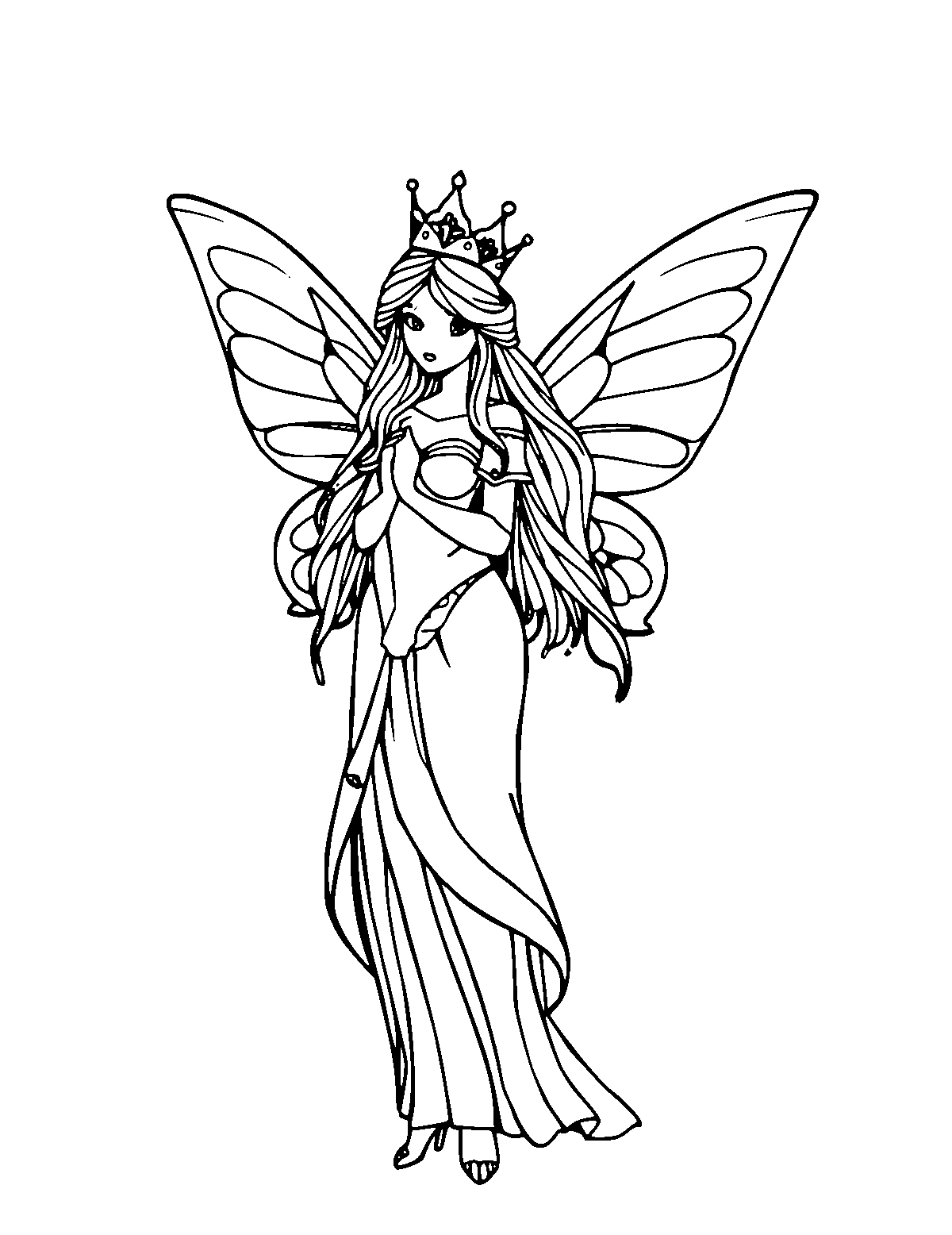 Line-art coloring page of Winged Fairy Queen, medium outlines, centered