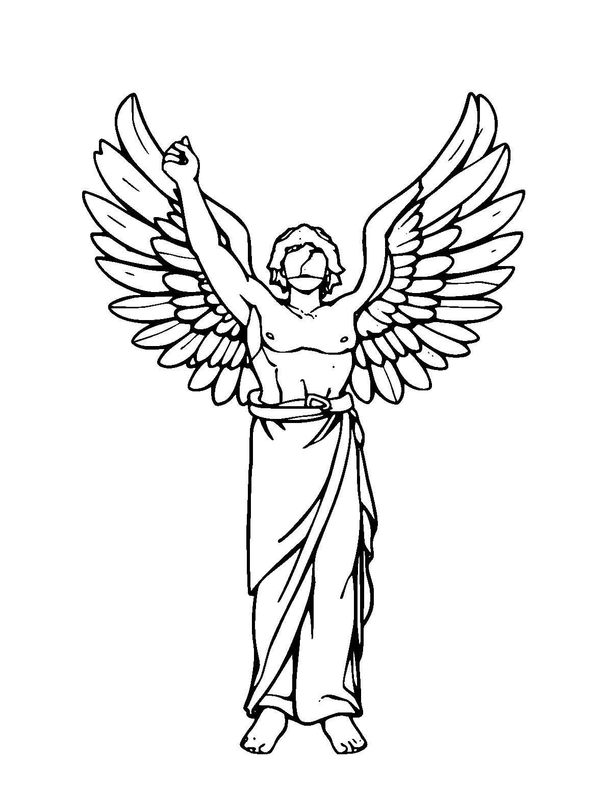 Line-art coloring page of Winged Victory, medium outlines, centered