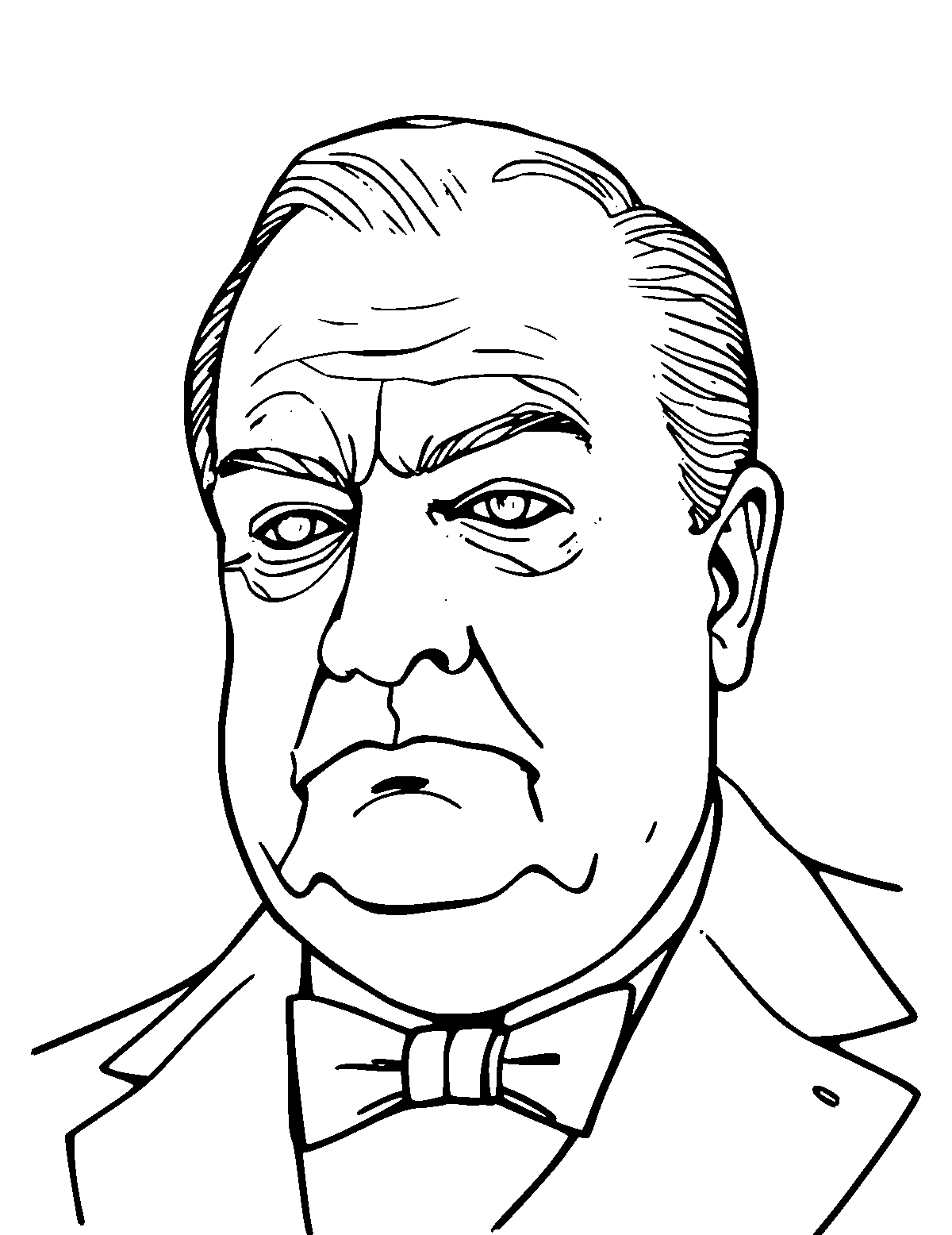 Line-art coloring page of Winston Churchill, medium outlines, centered