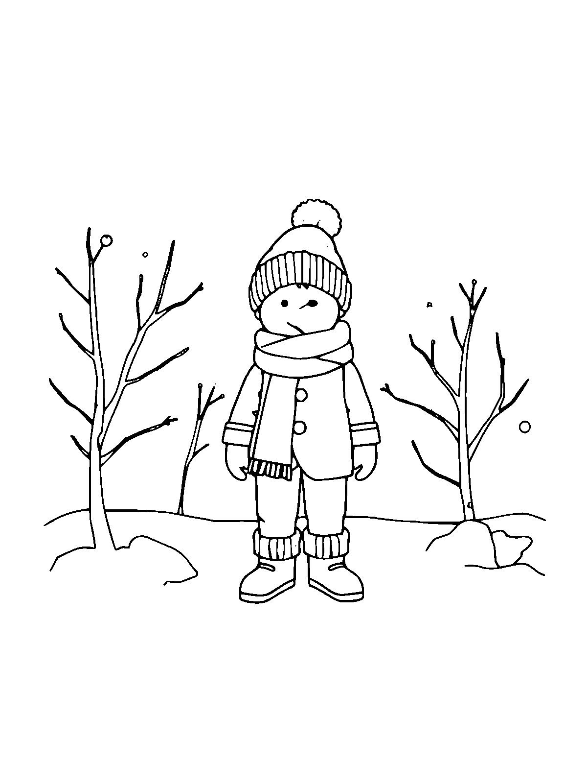 Line-art coloring page of Winter Scene, medium outlines, centered