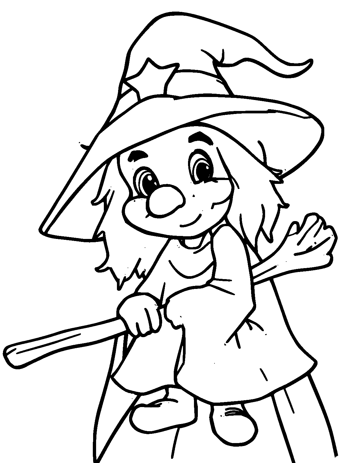 Line-art coloring page of Witch, thick outlines, centered