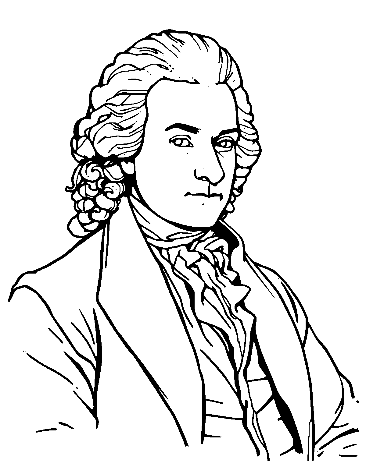 Line-art coloring page of Wolfgang Amadeus Mozart, medium outlines, centered