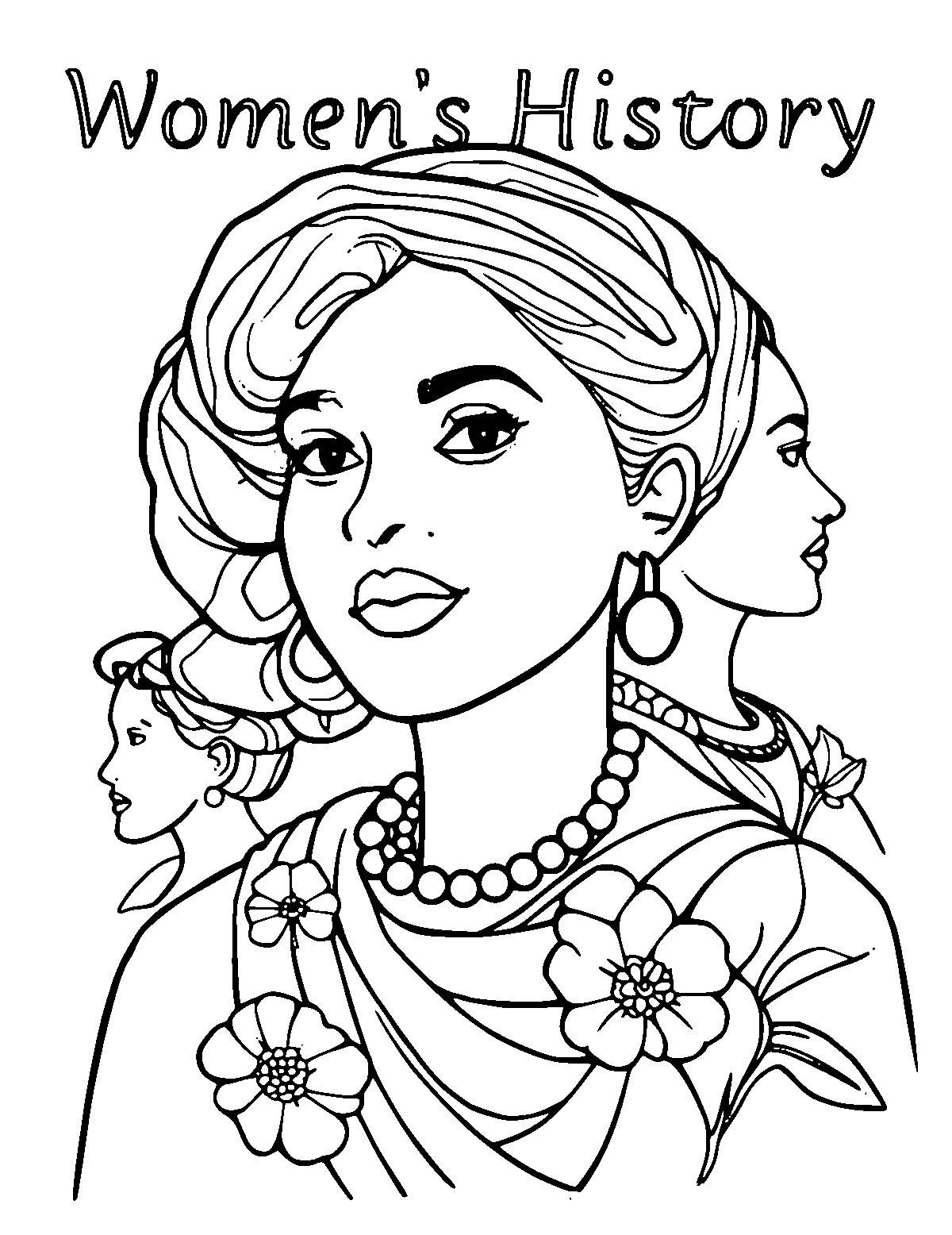 Line-art coloring page of Women's History Month, medium outlines, centered