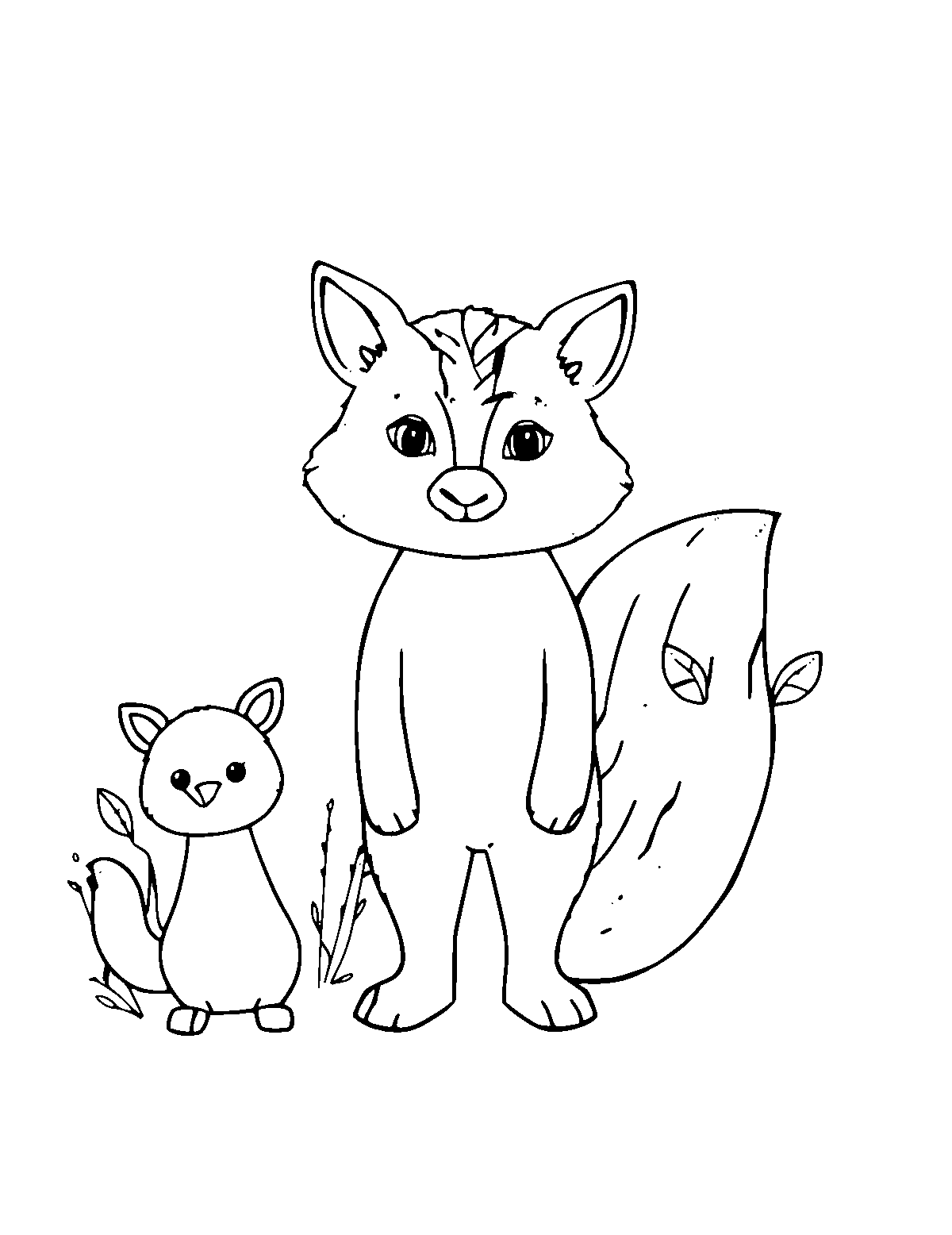Line-art coloring page of Woodland Animals, medium outlines, centered