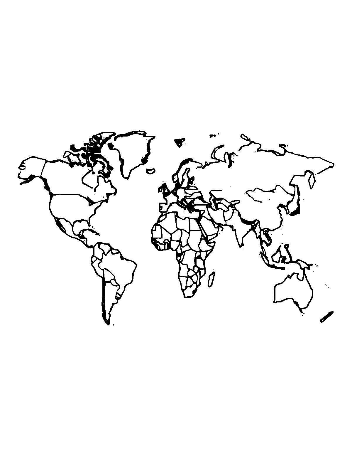 Line-art coloring page of World Map, medium outlines, centered