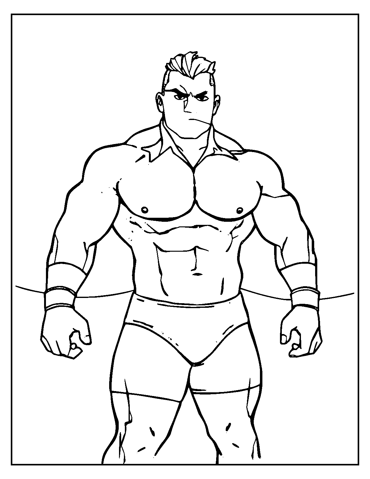 Line-art coloring page of Wrestler, medium outlines, centered