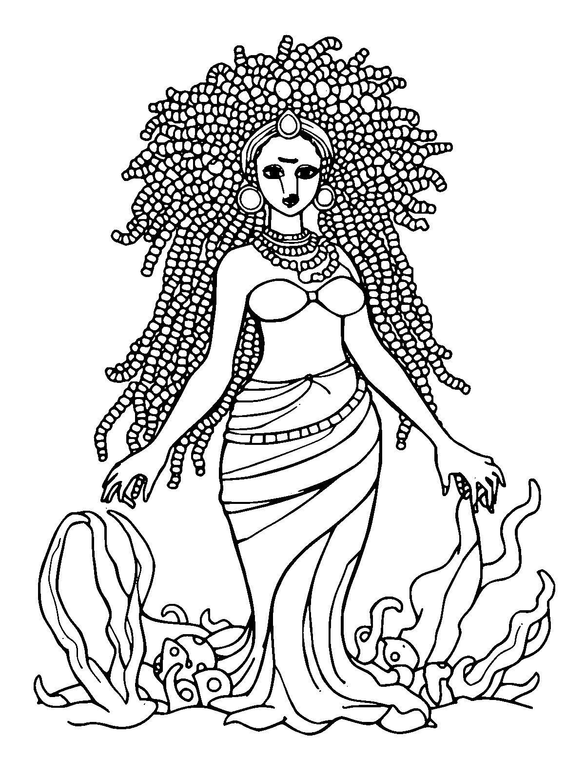 Line-art coloring page of Yemoja the Ocean Mother, medium outlines, centered