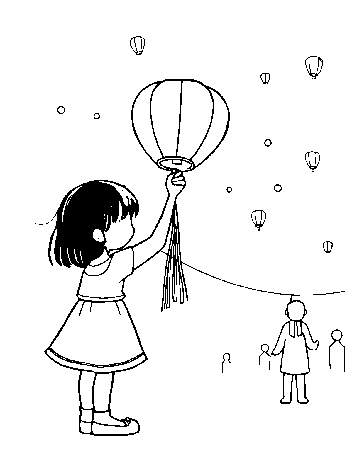 Line-art coloring page of Yi Peng Sky Lantern Festival, medium outlines, centered