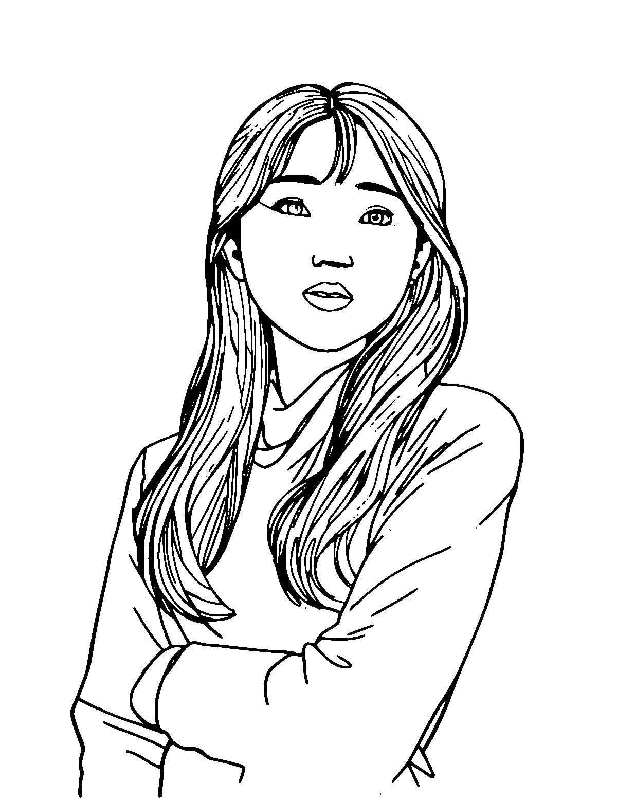 Line-art coloring page of Yuna Kim, medium outlines, centered